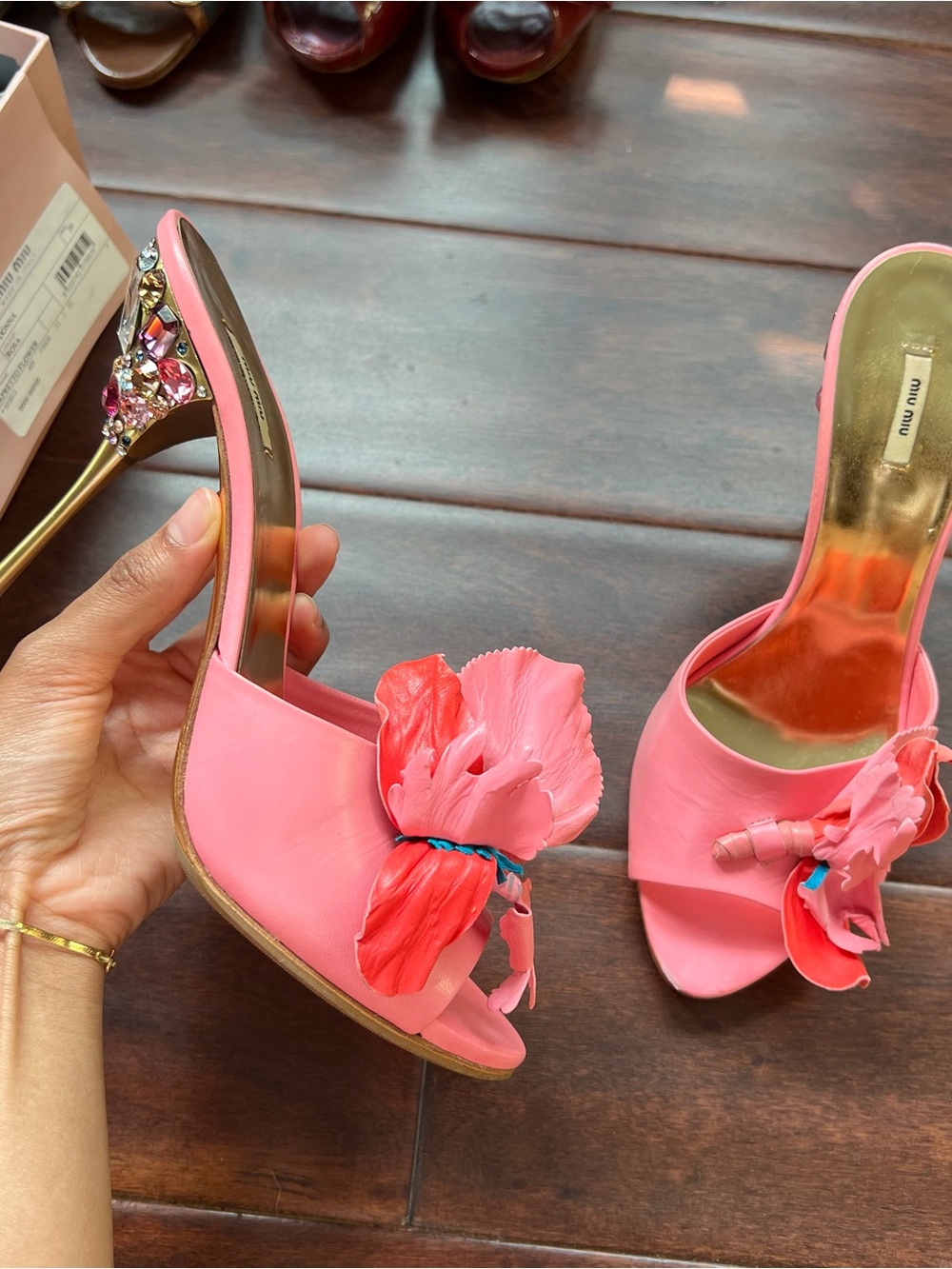 Miu Miu Pink Floral Jewel-Embellished Sandal Heels